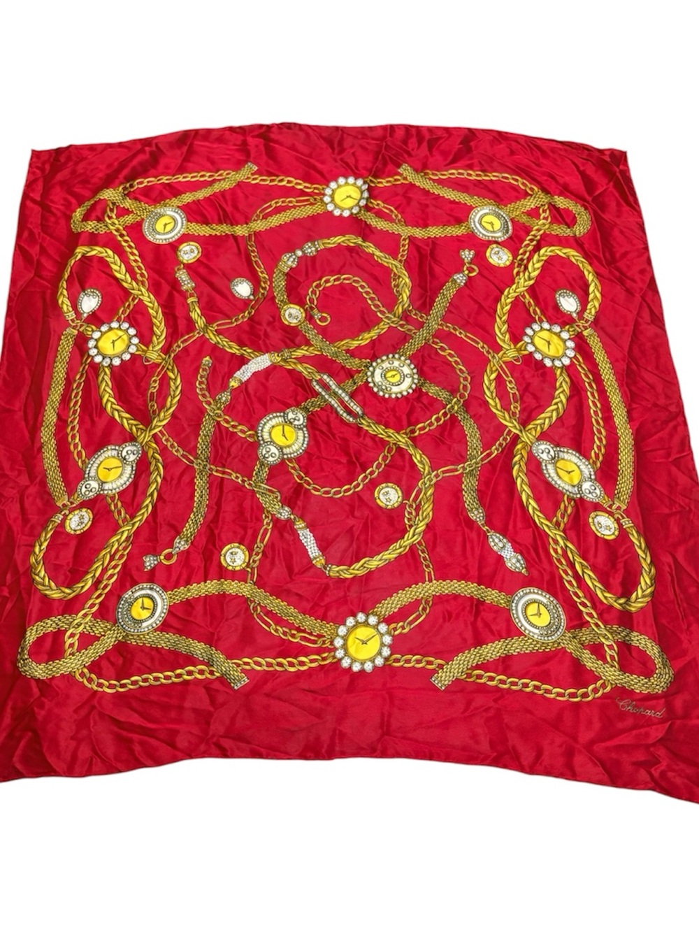 Chopard Silk Scarf Red Gold Chain Jewelry Watch Print Square